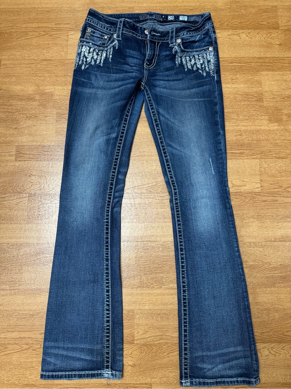 Miss Me Dark Blue Boot Cut Jeans with Silver Pocket Embellishments